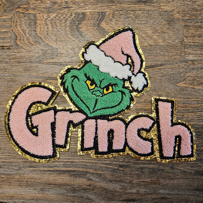 Chenille Iron On Patch: Pink Grinch