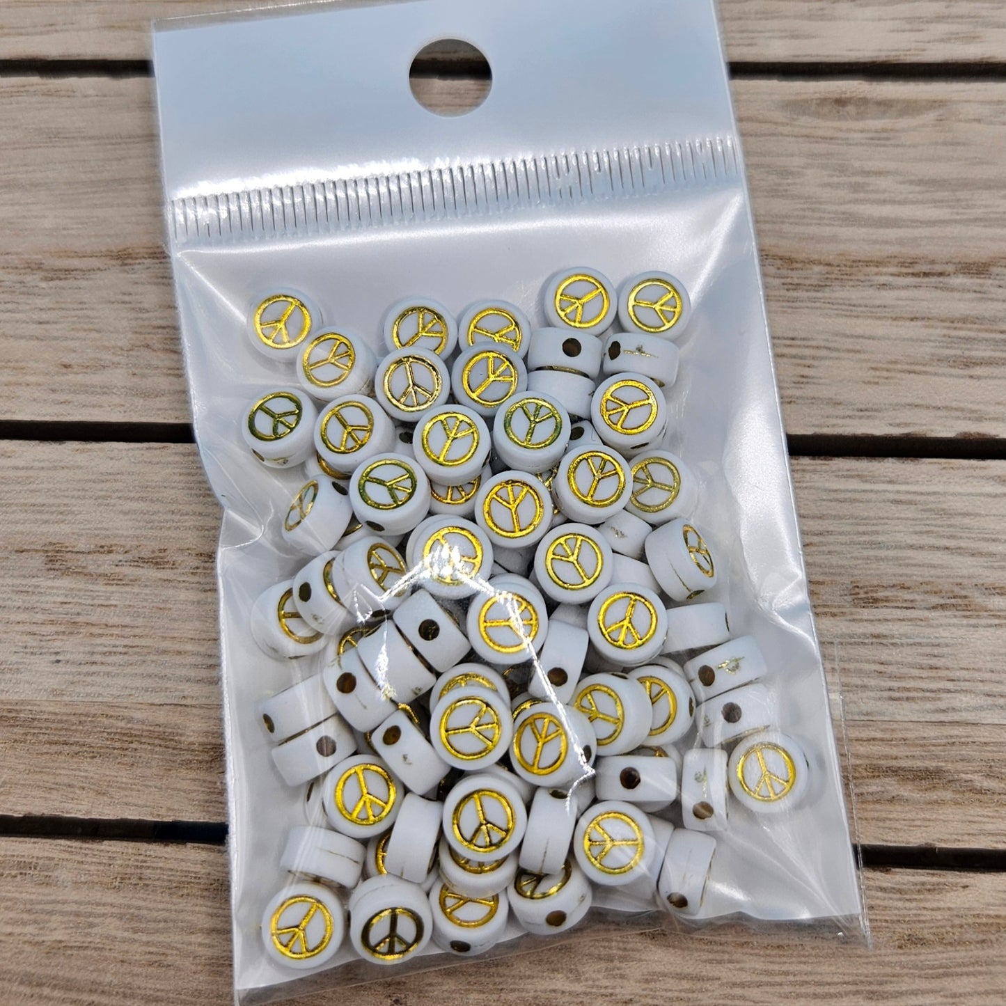 White with Gold Peace Sign Acrylic Beads