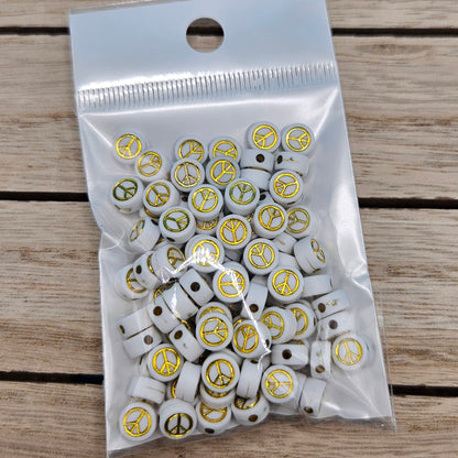 White with Gold Peace Sign Acrylic Beads