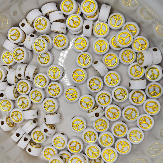 White with Gold Peace Sign Acrylic Beads