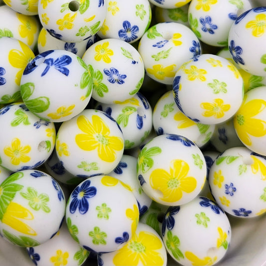 Round Silicone Bead - 15mm - Yellow, Green, Blue Flowers