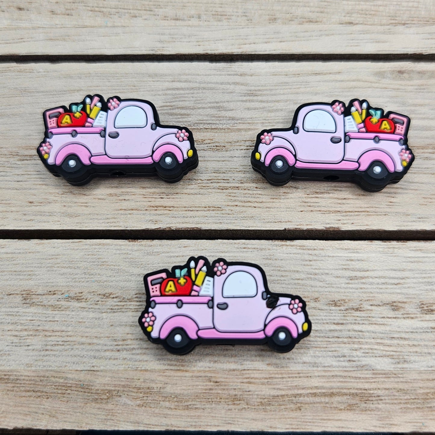 Silicone Focal Beads: Pink Teacher Car | Cartoon Beads | DIY Craft Beads | Beads for wristlets, pens, keychains