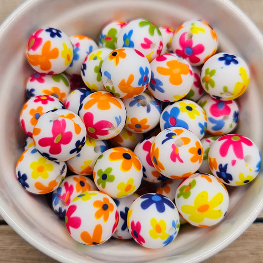 Round Silicone Bead - 15mm - Colourful Flowers