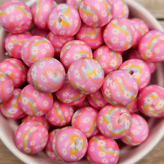 Round Silicone Bead - 15mm - Pink with White Flowers and Rainbow