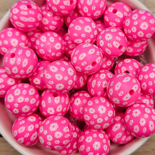 Round Silicone Bead - 15mm - Pink with White Flowers