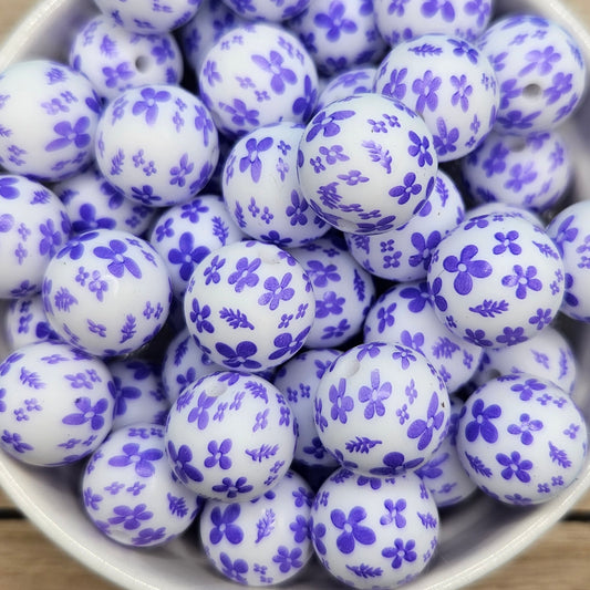 Round Silicone Bead - 15mm - White with Purple Flowers