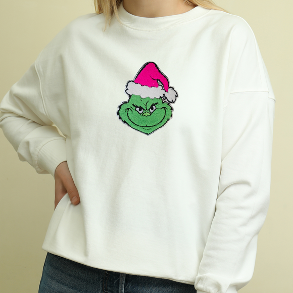 Chenille Iron On Patch: Pink Grinch Face