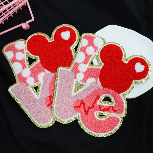 Chenille Iron On Patch: Red Mouse Love
