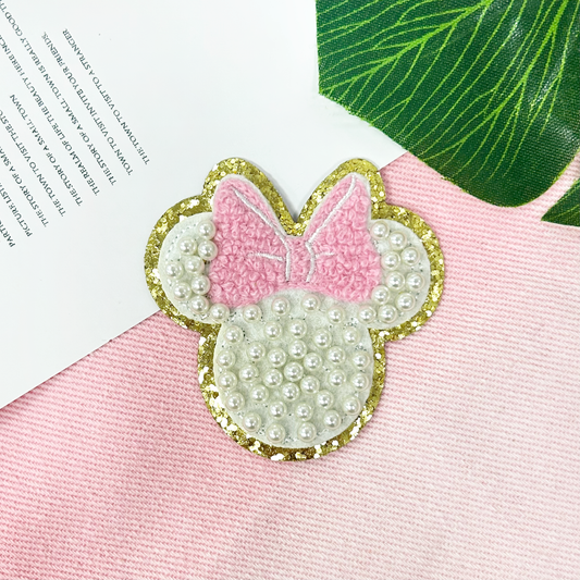 Chenille and Pearl Iron On Patch: Pink and White Mouse