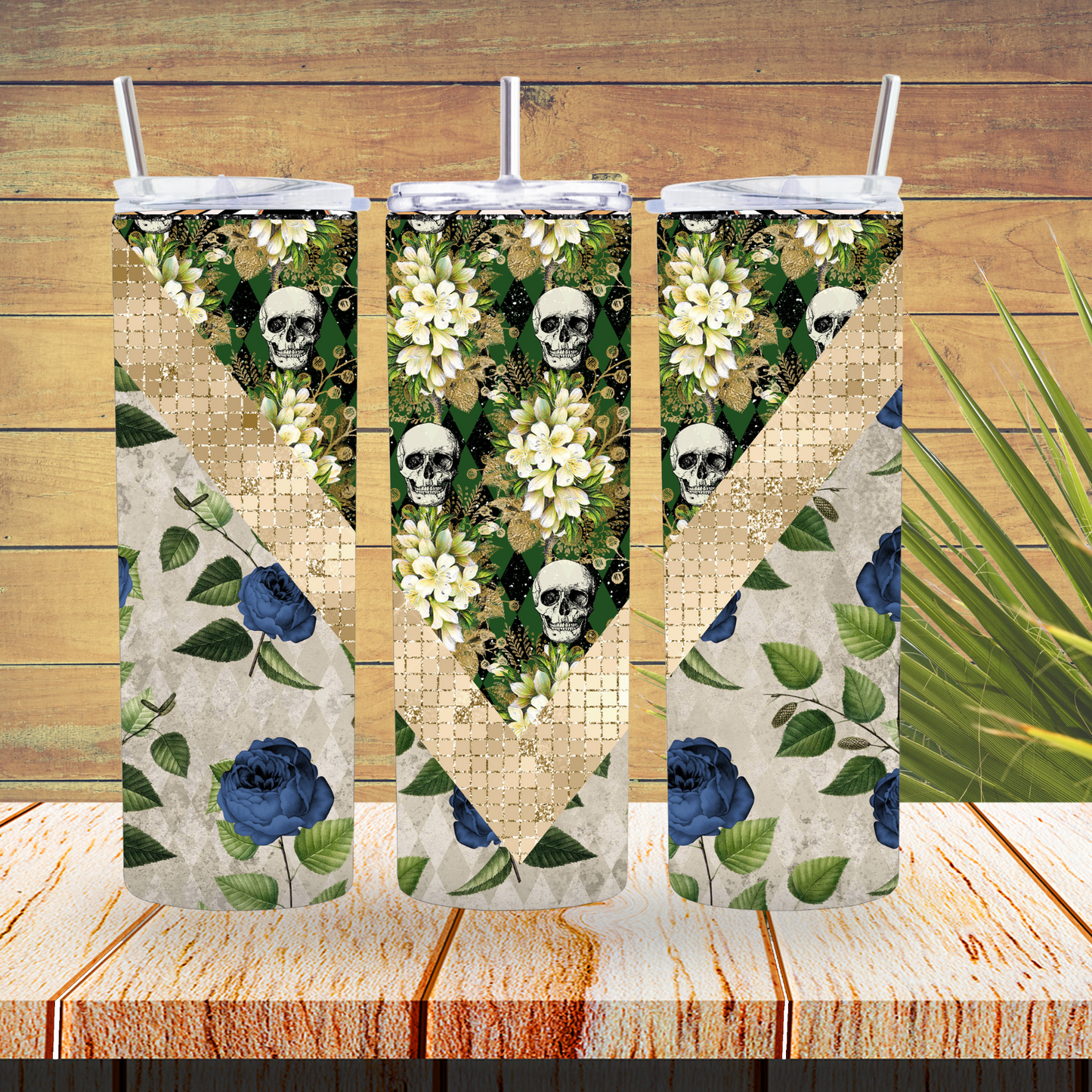 Ready to Use - Sublimation or Vinyl Tumbler Wraps  - Green Skulls V Split- TW100387