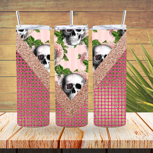 Vinyl Tumbler Wraps  - Pink Skulls V Split- TW100396