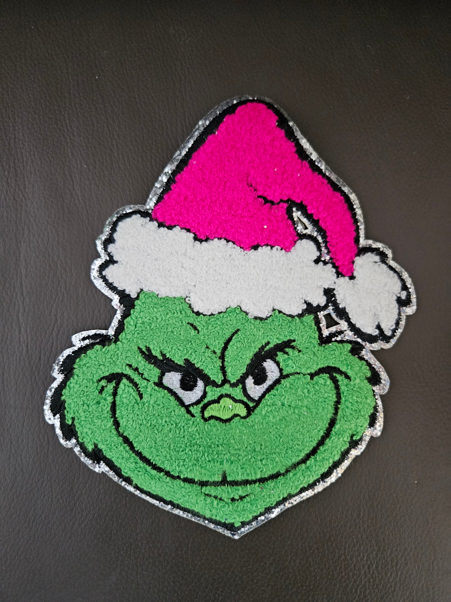 Chenille Iron On Patch: Pink Grinch Face